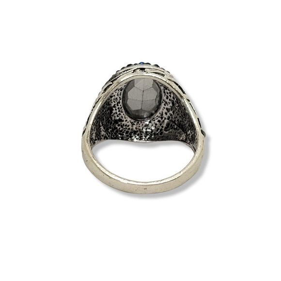 Silver Edwardian Faceted Blue Crystal and Round Hematite Ring Size 10 - Picture 6 of 6